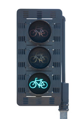 Bike shaped bicycle path traffic signal intersection crosswalk light.  Isolated with cut out background.  