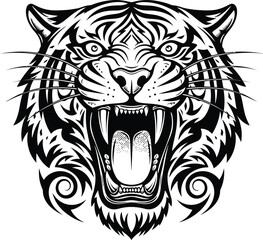 Detailed black and white illustration of a roaring tiger s face with tribal patterns
