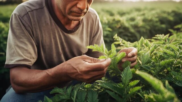 Farmer examining cannabis plant in field.