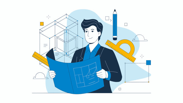 architect holding a blueprint with a wireframe model vector illustration, strategic planning concept