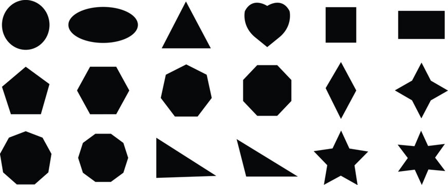 Black geometry shapes icon set in flat style, basic polygon and outline figure collection featuring circles, triangles, squares, stars and hearts graphic group, minimal monochrome vector pack