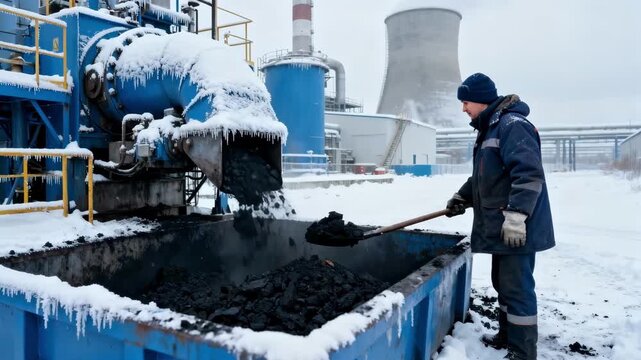 Winter scene with operators dressed warmly managing ash disposal equipment amidst snowy power plant grounds highlighting seasonal challenges.