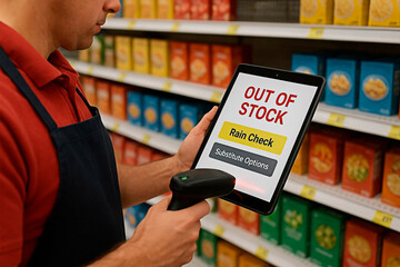 Store employee using a tablet to check stock level in a supermarket.