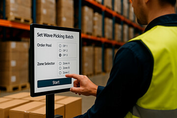 Man using a digital screen in a warehouse for the concept of technology.