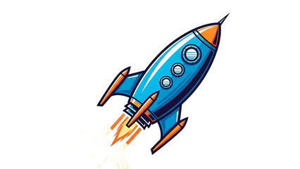 Retro Blue Rocket Ship Launching, Isolated Vector Illustration