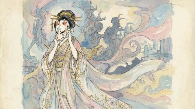 Woman wearing fox mask in traditional kimono. Ethereal japanese spirit sequence with swirling patterns and mystical aura in folklore animation video footage video footage