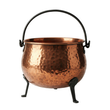 An antique copper cauldron with a hammered texture, aged patina, and wrought iron handle on three legs, isolated on a transparent background, highlighting Halloween mysticism