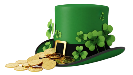 Green leprechaun hat with shamrocks and gold coins, isolated PNG