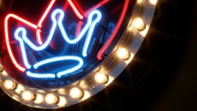Neon crown sign illuminating in sequence. Blue and red glowing royal emblem with yellow lights. Electric nightlife display for luxury entertainment themes. video footage video footage