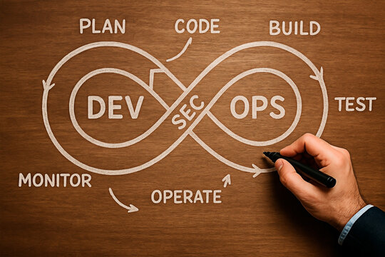 DevSecOps process diagram being drawn on a wooden surface for the concept of software development.