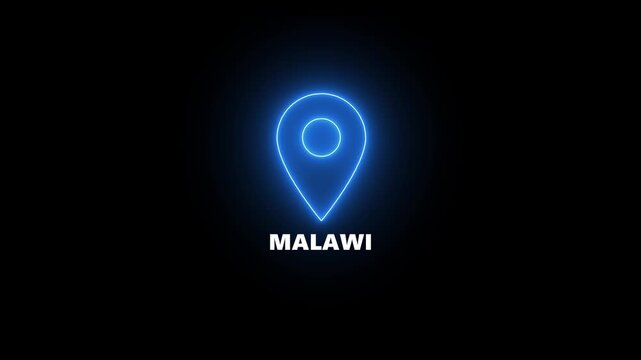 Neon blue location pin icon with the word Malawi centered below on a black background map marker navigation