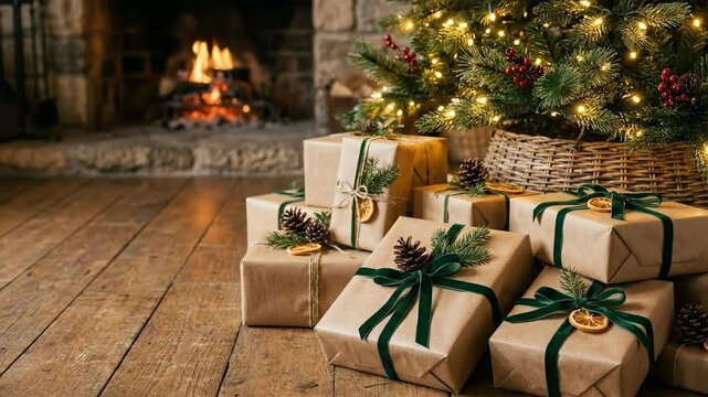 Animated Christmas tree with twinkling lights and stacked wrapped gifts beside glowing fireplace. Festive holiday scene evoking warmth and joy in winter home decor. video footage video footage