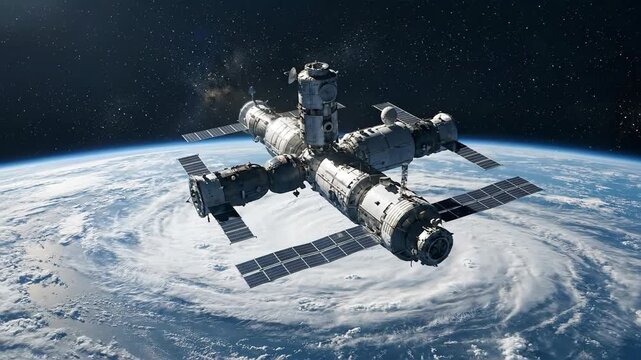 Space station orbits Earth amid forming hurricane. Animation sequence shows satellite stabilization over swirling storm. Space exploration and atmospheric weather monitoring concept video footage