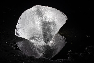 Large glacial ice block perfectly reflected in a pool of water at night