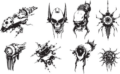 Mechanism set, retro, vintage, steampunk, cyberpunk, decorative elements. Ideal design for social media, cover, banner, flyer, music, ads.