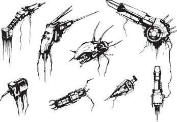 Mechanism set, retro, vintage, steampunk, cyberpunk, decorative elements. Ideal design for social media, cover, banner, flyer, music, ads.