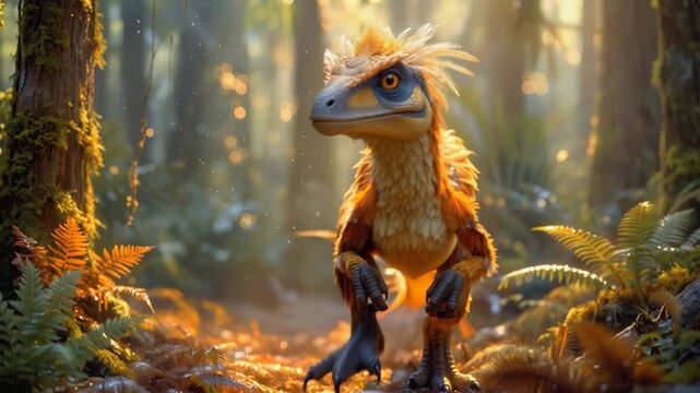 Feathered dinosaur creature walking through misty forest with ferns and moss-covered trees. Camera panning and tilting across scene with dynamic movement.