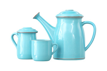 Illustration of vintage style blue enamel tea set with cup and teapot on transparent background