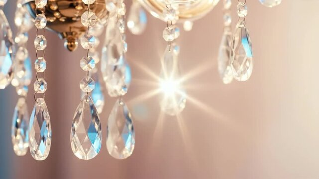 Crystal chandelier pendants catching sunlight. Glass drops refracting light in sparkling animation. Elegant luxury decoration with glowing reflections and prismatic effects. video footage video