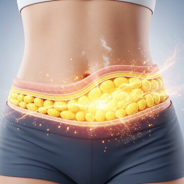 AI genereted image of 3D illustration of female belly with glowing burning fat cells for weight loss and ketosis concept