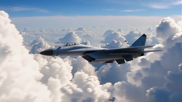 Fighter jet flying through cumulus clouds at high altitude. Sleek military aircraft in level flight with panning camera movement.