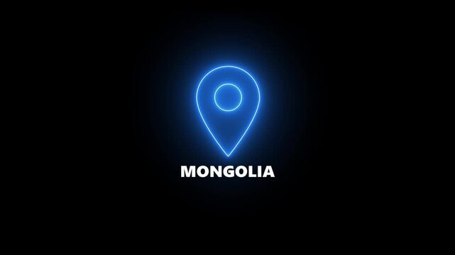 Neon blue location pin icon with the word Mongolia on a black background map marker navigation