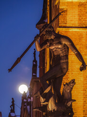 Historical Neptune's Fountain at night, Danzig, Poland