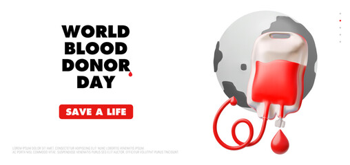World blood donor day, 14 June, vector render 3D plastic style banner design, Earth planet flows blood transfusion bag