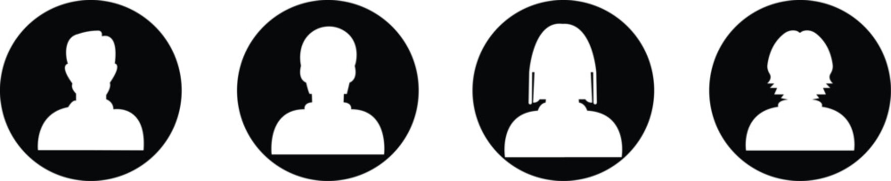 Black profile avatar icon set in flat and line style, user silhouette collection featuring male and female headshot pictogram for interface, contact and account graphics, minimal monochrome vector pac