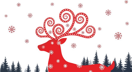 Stylized red reindeer with spiral antlers amidst snowflakes and winter trees © GDMala02