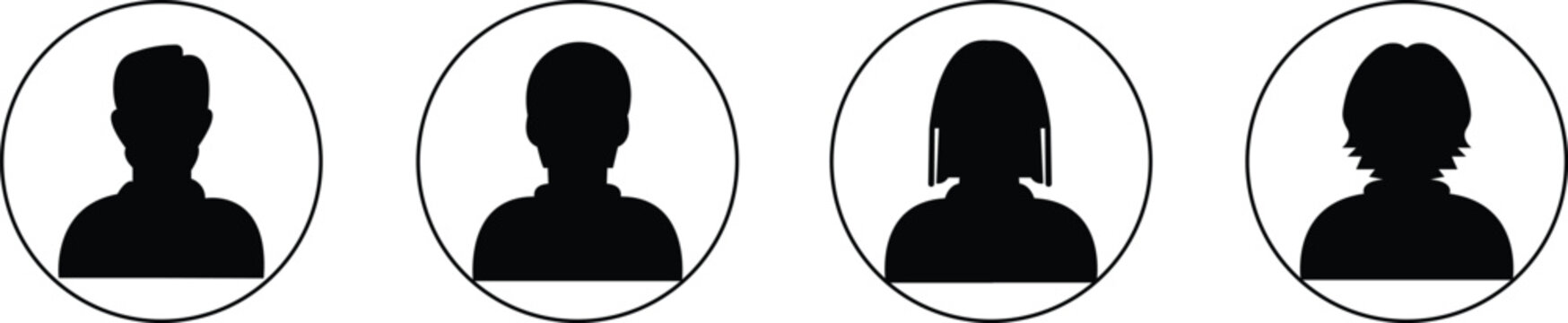 Black profile avatar icon set in flat and line style, user silhouette collection featuring male and female headshot pictogram for interface, contact and account graphics, minimal monochrome vector pac