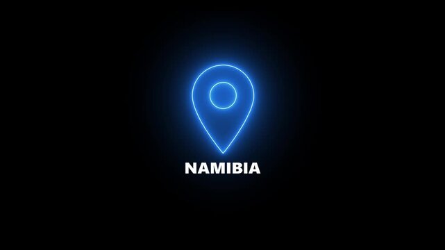 Neon blue location pin icon with the word NAMIBIA illuminated on a black background Namibia map marker