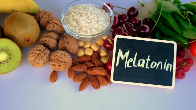 Foods containing melatonin on a beautiful background. Selective focus.