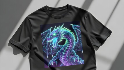 Cool black t shirt featuring a vibrant neon dragon design