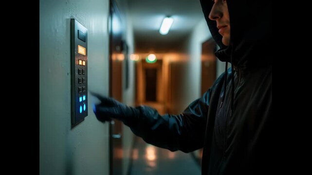 Man in black hoodie pressing elevator button in dim hallway . Courier ringing apartment buzzer 