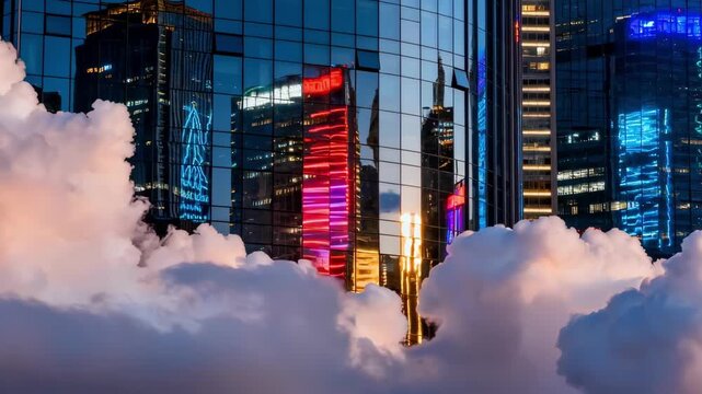 Dynamic medium shot focusing on reflective highrise curtain walls reflecting vibrant city lights and cloud formations creating a striking urban visual contrast.