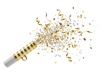 Sleek handheld confetti cannon, gold and white striped, mid-explosion on transparent studio background with copy space, bursting with shiny metallic gold and white curly streamers, high-key, festive