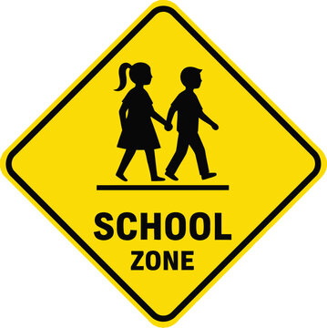 Yellow school zone warning sign depicting children crossing road safety alert