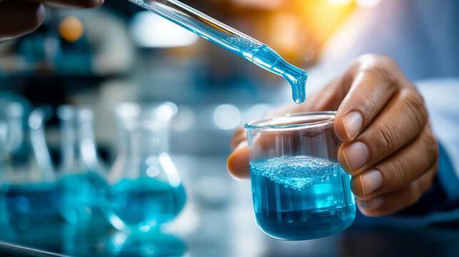 Faceless scientist researcher conducting experiment working in chemical laboratory, defocused reagent analysis, solution testing, compound preparation, chemical investigation sessi