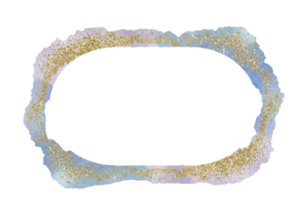 Abstract watercolor design with soft blue and lavender tones, smooth brush strokes, shimmering gold glitter speckles framing a transparent copy space, elegant aesthetic. Concept for graphic design