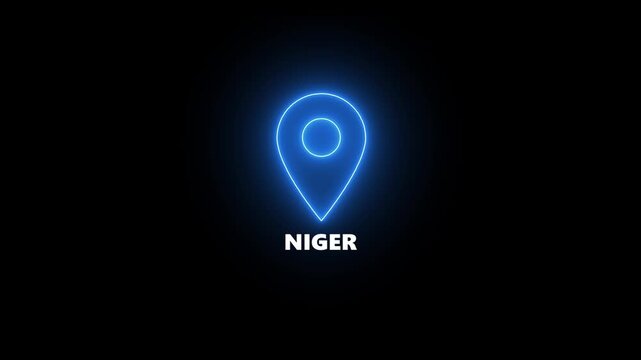 Neon blue location pin icon with the word NIGER on a black background niger marker