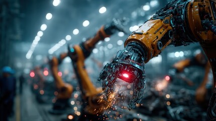 Modern industrial factory with robotic arms and organized workspace in a large manufacturing facility