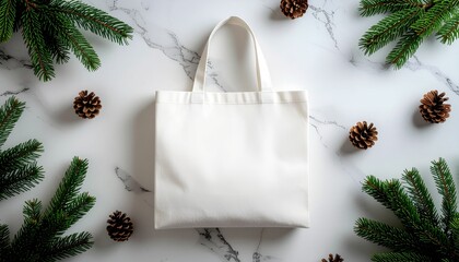Blank white tote bag on a marble surface surrounded by pine branches and cones, creating a clean winter-themed flat lay ideal for branding, packaging, or holiday design.