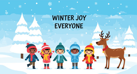 Playful winter scene with children in colorful hats and coats and a reindeer on a snowy landscape celebrating the season together.