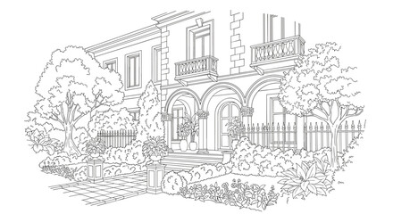 Naklejka premium Classic villa illustration showing an arched entryway columns decorative balconies and a lush garden filled with trees and trimmed shrubs beside stone steps.