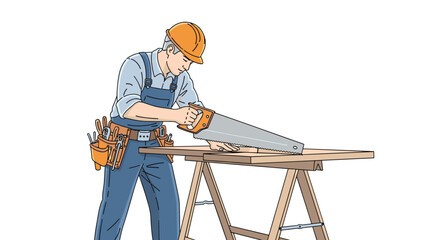 Carpenter wearing a hard hat and overalls stands at a workbench cutting a wooden board with a handsaw while tools hang from a belt.