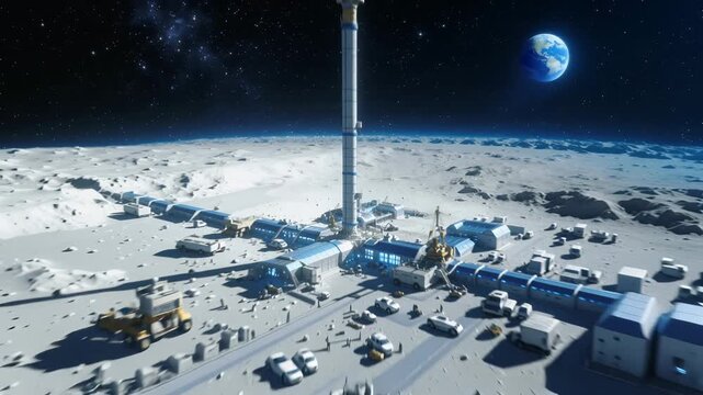 Future settlement on alien world with construction crew and machinery. Towering central structure featuring solar collection arrays and connected living quarters