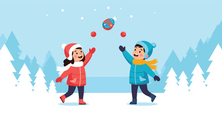 Fototapeta premium Two children in colorful winter coats playfully toss snowballs in a snowy forest clearing under a bright blue sky during a cheerful outdoor winter moment.
