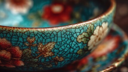 Close-up view of a decorative bowl with a floral design showcasing intricate crackle details and vibrant colors in natural light setting