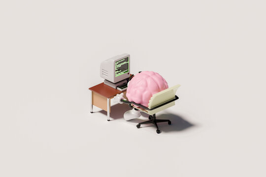 3D brain character coding on vintage computer setup